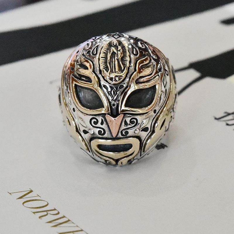 男士厚重朋克款GV圣母立像复古花纹面具泰银戒指925纯银欧美指环