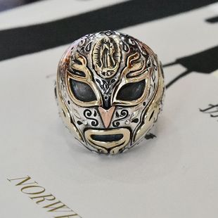 男士厚重朋克款GV圣母立像复古花纹面具泰银戒指925纯银欧美指环