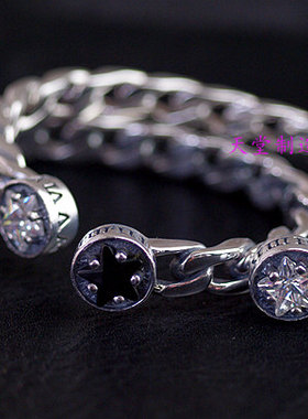 进口朋克中性925纯银镶钻手镯