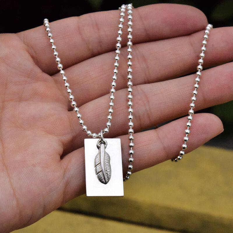 泰国进口印第安风格羽毛方牌坠圆珠珠女士项链925纯银冷淡风套链
