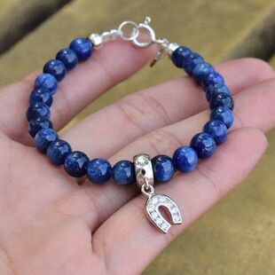 蓝晶石圆珠925纯银镶钻马蹄铁十字架配件女士小众复古珠珠串手链