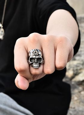 男士朋克风五芒星骷髅头纯银戒指