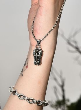 暗黑镶钻十字架纯银朋克风吊坠