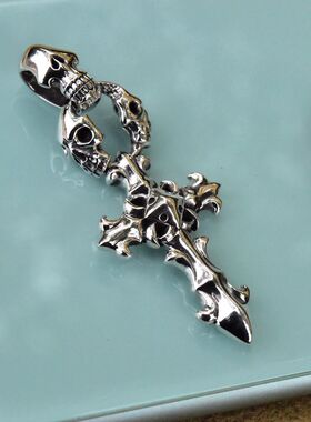 进口女士925纯银男骷髅头十字架