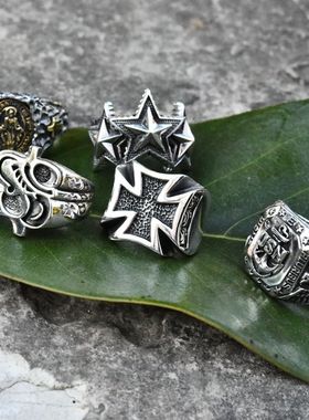 孤品泰国进口复古朋克十字船锚五星美金符号泰银戒指925纯银指环