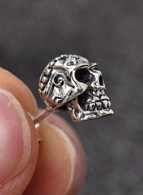 泰国进口男女复古朋克款印第安纹立体骷髅头泰银耳钉925纯银耳饰