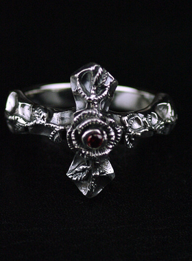 复古蔷薇玫瑰十字架泰银戒指