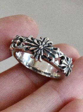 进口男士925纯银朋克十字花戒指