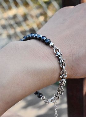 泰国进口男女复古切面水晶圆珠子925纯银锚花百合纹章潮款手链串