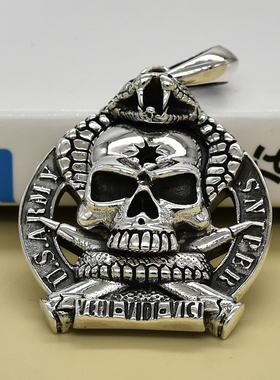 进口男士925纯银狙击手骷髅吊坠