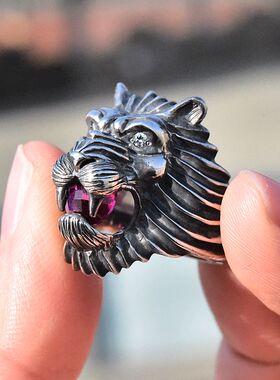 进口男士925纯银朋克狮头戒指