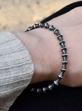 暗黑竹节朋克开口手镯纯银手环