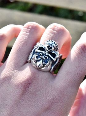 泰国进口锚花印章翅膀大颗骷髅头天使之翼男朋克泰银戒指925纯银