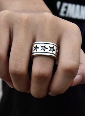 进口男士925纯银五角星方形戒指