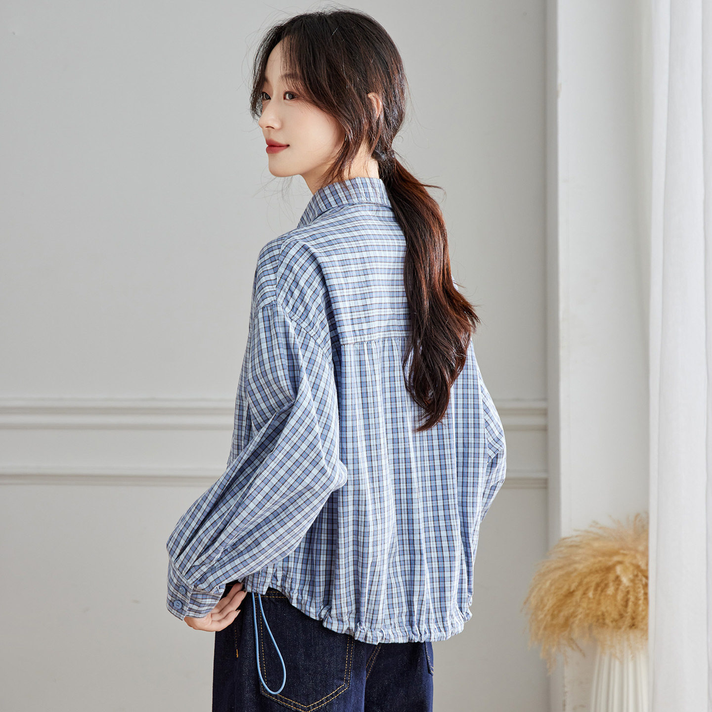 可风各长袖衬衫58065P89K124.4蓝色格子衬衫女长袖,女装衬衫,可风各