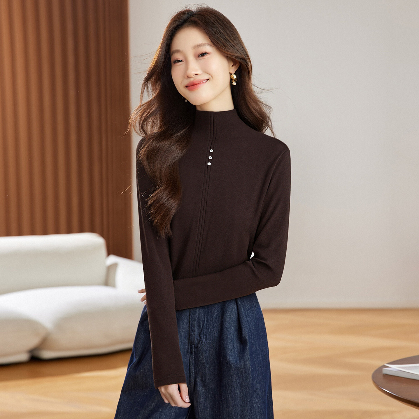可风各T恤511006P68K108.8简约气质纽扣装饰半高领针织衫女，女装T恤，可风各