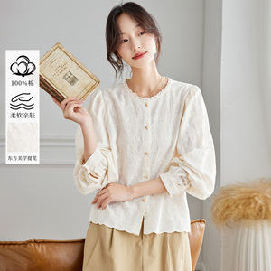 可风各长袖衬衫58031P75K120蕾丝花边圆领衬衫女长袖，女装衬衫，可风各