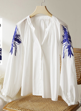 可风各长袖衬衫55117P79K126.4 H版花卉钉珠刺绣衬衫