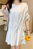 时尚宽松显瘦白色连衣裙女夏季新款韩版气质百搭抽绳收腰短袖裙子，女装连衣裙，可风各