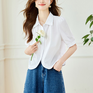 白色衬衫女设计感小众2025年新款夏季短袖衬衣法式气质小个子上衣，女装衬衫，可风各