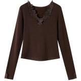 棉茧蕾丝拼接打底衫，女装T恤，可风各