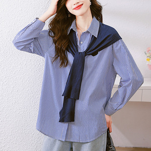慵懶風復古百搭披肩襯衫女2025春季新款韓版條紋翻領上衣圖片