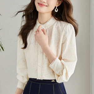 宮廷風(fēng)蕾絲立領(lǐng)寬松長袖襯衫秋季新款通勤百搭圖片