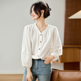 可风各长袖衬衫58134P78K124.8灯笼袖V领气质绣花衬衫，女装衬衫，可风各