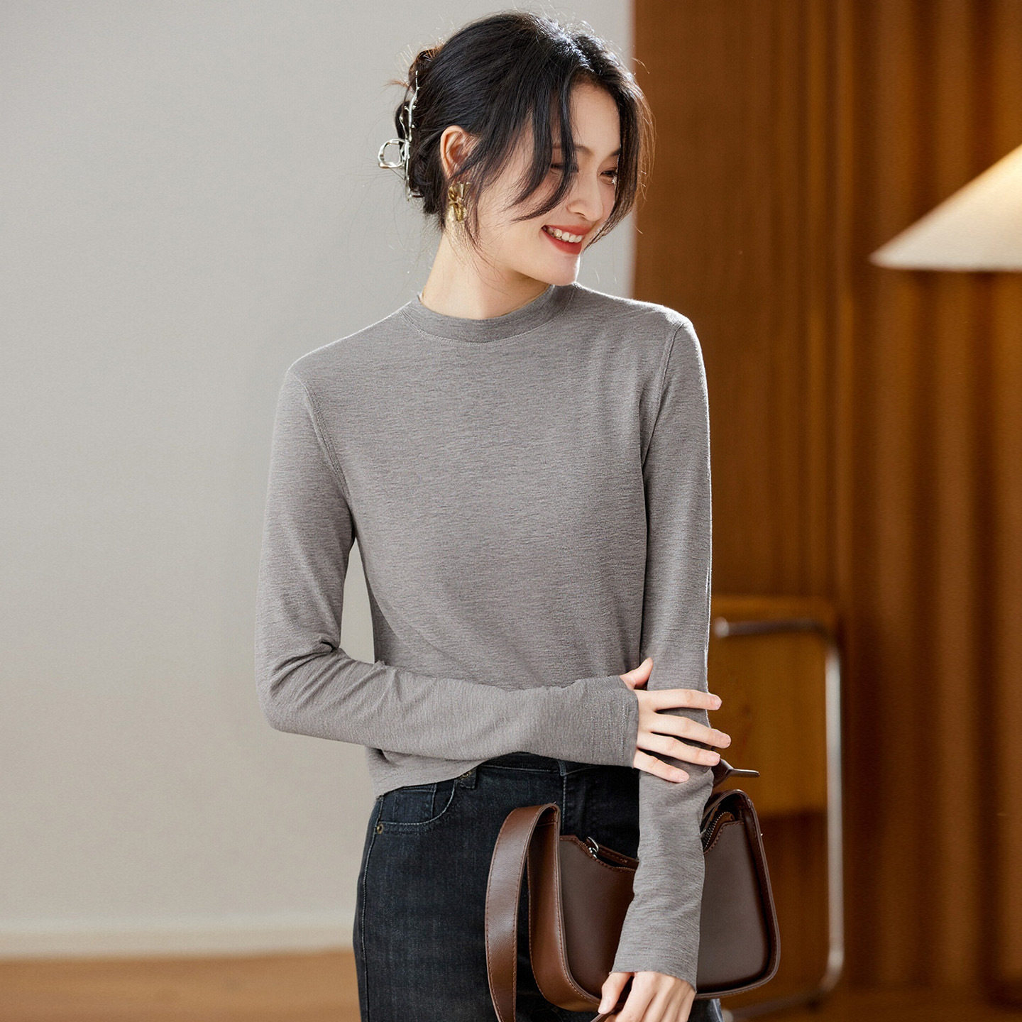 可风各T恤510529P45K72小立领天丝羊毛打底衫加绒,女装T恤,可风各