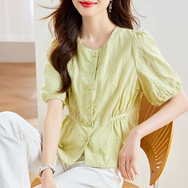 时尚V领短袖衬衫女夏季新款修身显瘦百搭上衣，女装衬衫，可风各