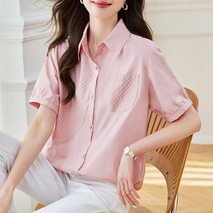 时尚百搭纯色小翻领衬衫女短袖宽松显瘦夏季新款