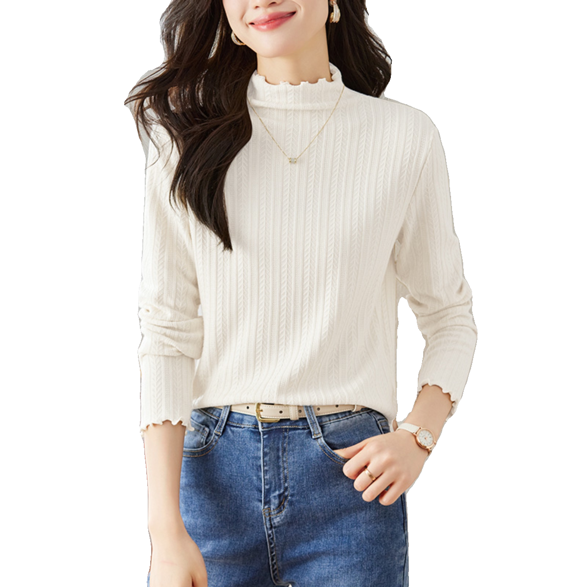 半高领针织衫女秋季复古保暖内搭修身显瘦长袖上衣,女装T恤,可风各