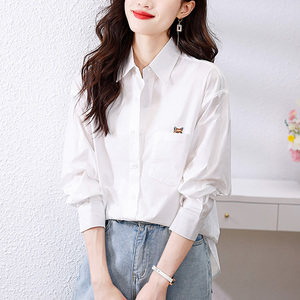 29045襯衫精梳棉白襯衣女長袖中長款貼布繡時尚純棉上衣圖片