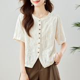 优雅刺绣圆领五分袖衬衫显瘦百搭气质上衣，女装衬衫，可风各
