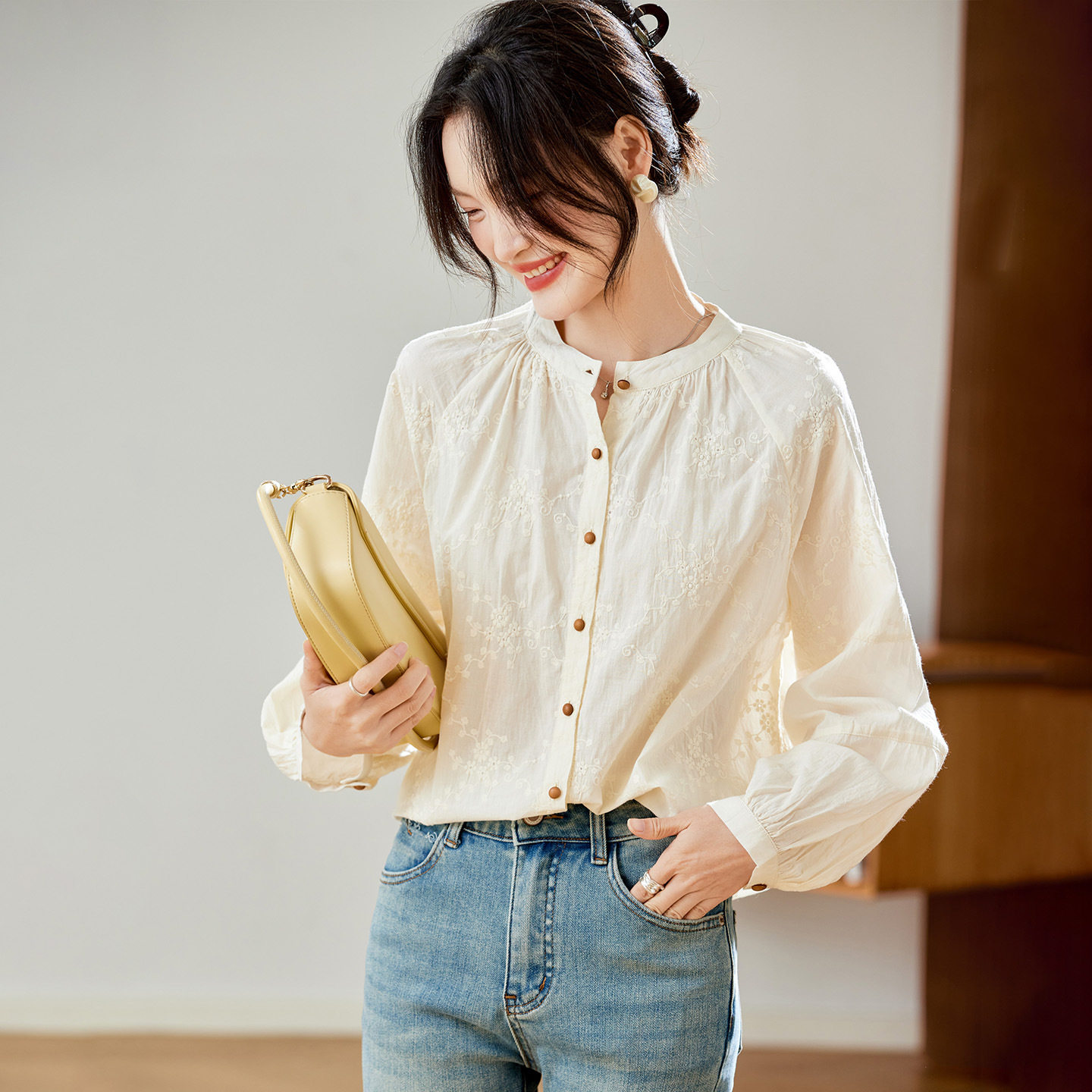 可风各长袖衬衫58079P80K128杏色圆领衬衫女长袖2，女装衬衫，可风各