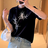 时尚竹纹印花圆领短袖T恤宽松显瘦百搭款，女装T恤，可风各