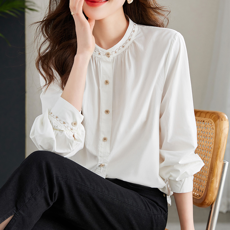 32001衬衫中式刺绣杏色衬衫女长袖宽松休闲上衣圆领衬衣，女装衬衫，可风各