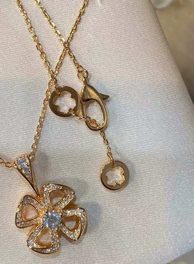 玫瑰金咏绽花纯银镀金项链 女高级感镶钻花朵吊坠风车满钻锁骨链