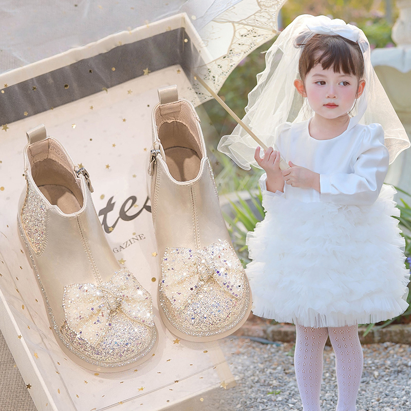 真皮女童鞋儿童公主加绒马丁短靴