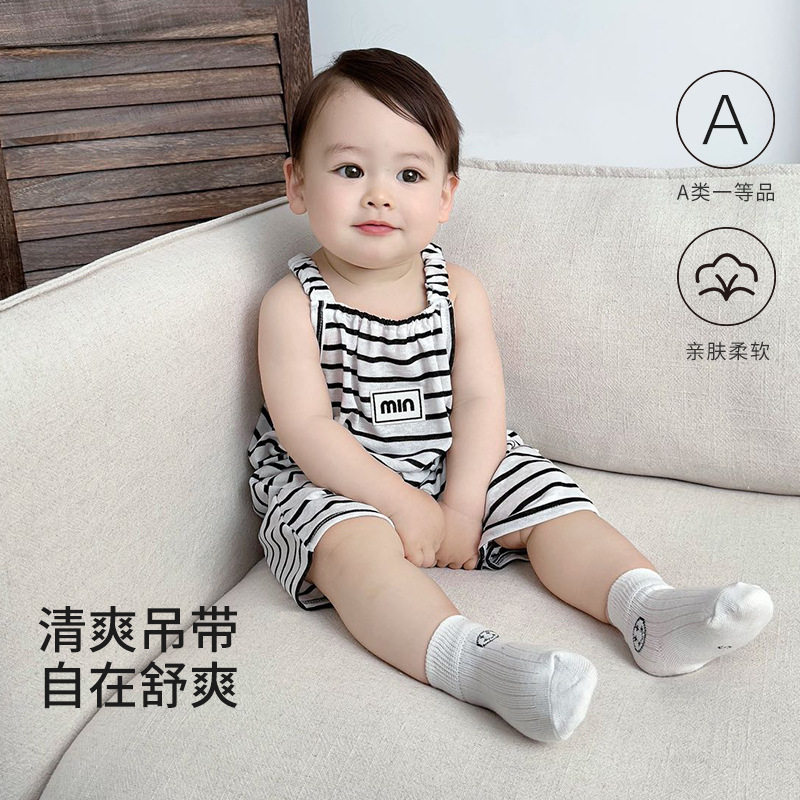 婴儿吊带连体衣天丝薄款纯棉连身外出哈衣爬服条纹无袖宝宝背心夏