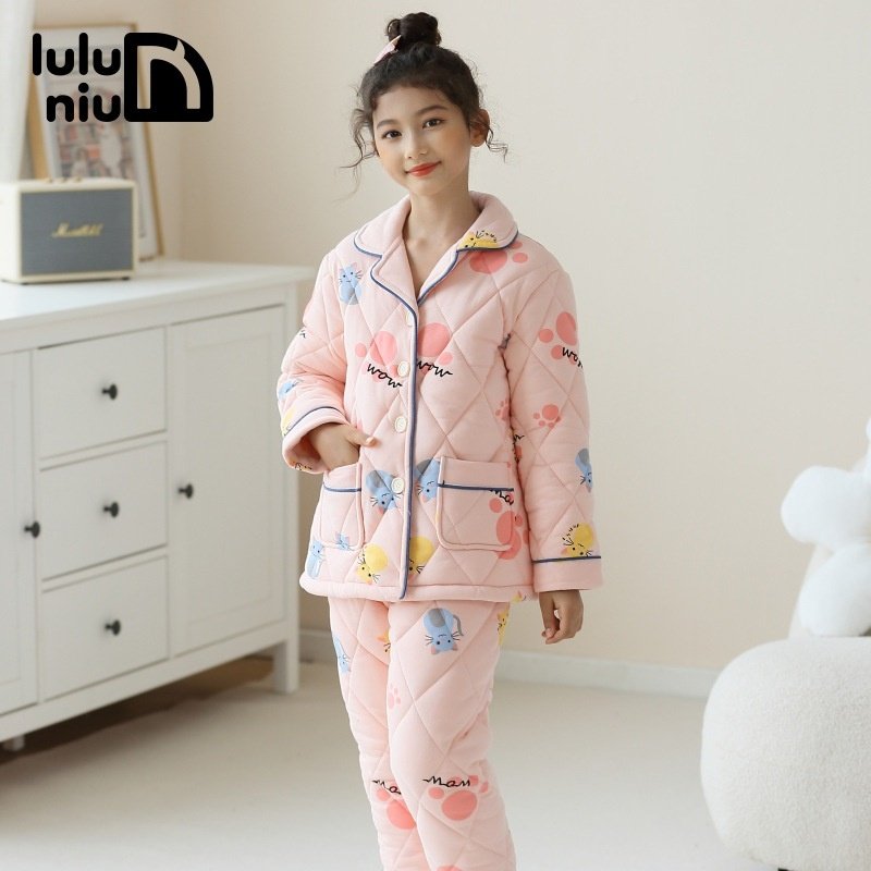 噜噜牛冬季女童儿童睡衣纯棉夹棉三层加厚秋冬女孩大童家居服套装