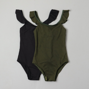 8818外贸儿童连体泳衣学生韩版 纯色高级感细条纹女童游衣 连体泳装