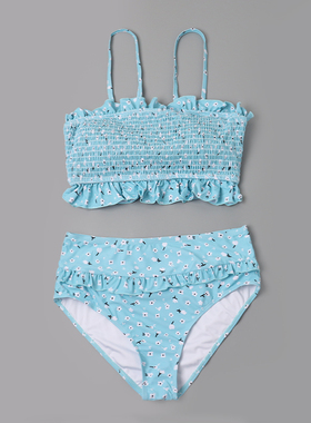 8818外贸新款女士比基尼天蓝色碎花成人度假分体泳装甜美仙女泳衣