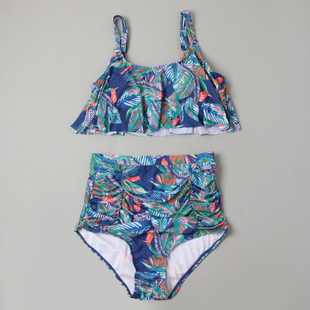 泳衣 褶皱遮肚大码 8818外贸女款 分体泳衣清新叶子印花女士泳衣套装