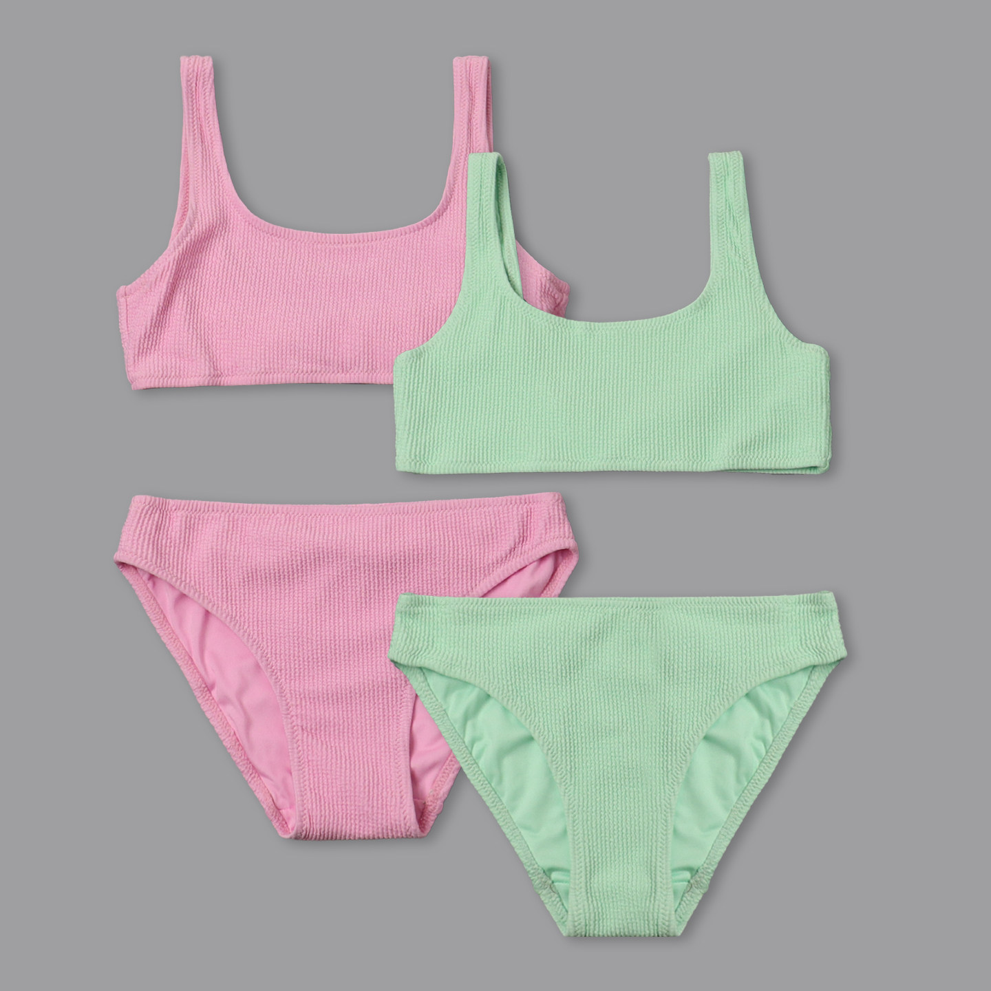 8818外贸儿童分体泳衣糖果色女孩毛巾料比基尼露背大童三角沙滩衣