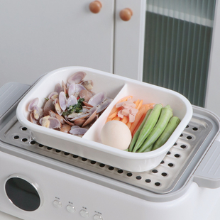 陶瓷蒸锅专用两格分隔盘子家用防串味可蒸菜蒸肉深盘减脂盘长方盘