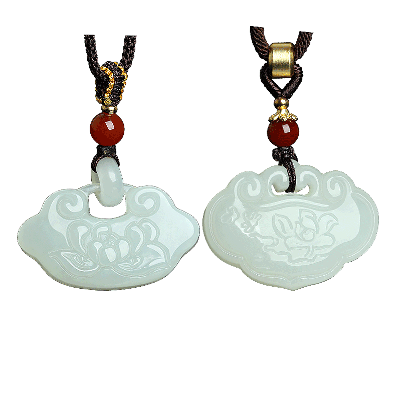 天然和田玉平安锁吊坠莲花长命富贵锁挂件男女款玉石饰品玉佩项坠
