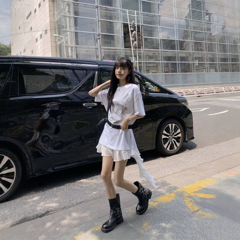 美式街头假两件拼接短袖T恤女夏季2025新款印花中长款设计感上衣