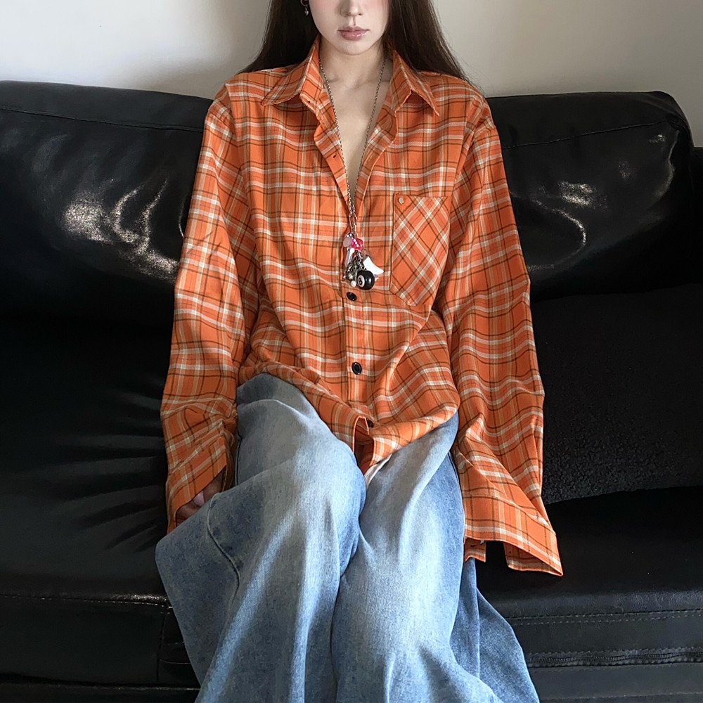 2025秋季新款美式复古显白橘色格子衬衫外套男女宽松防晒衬衣潮