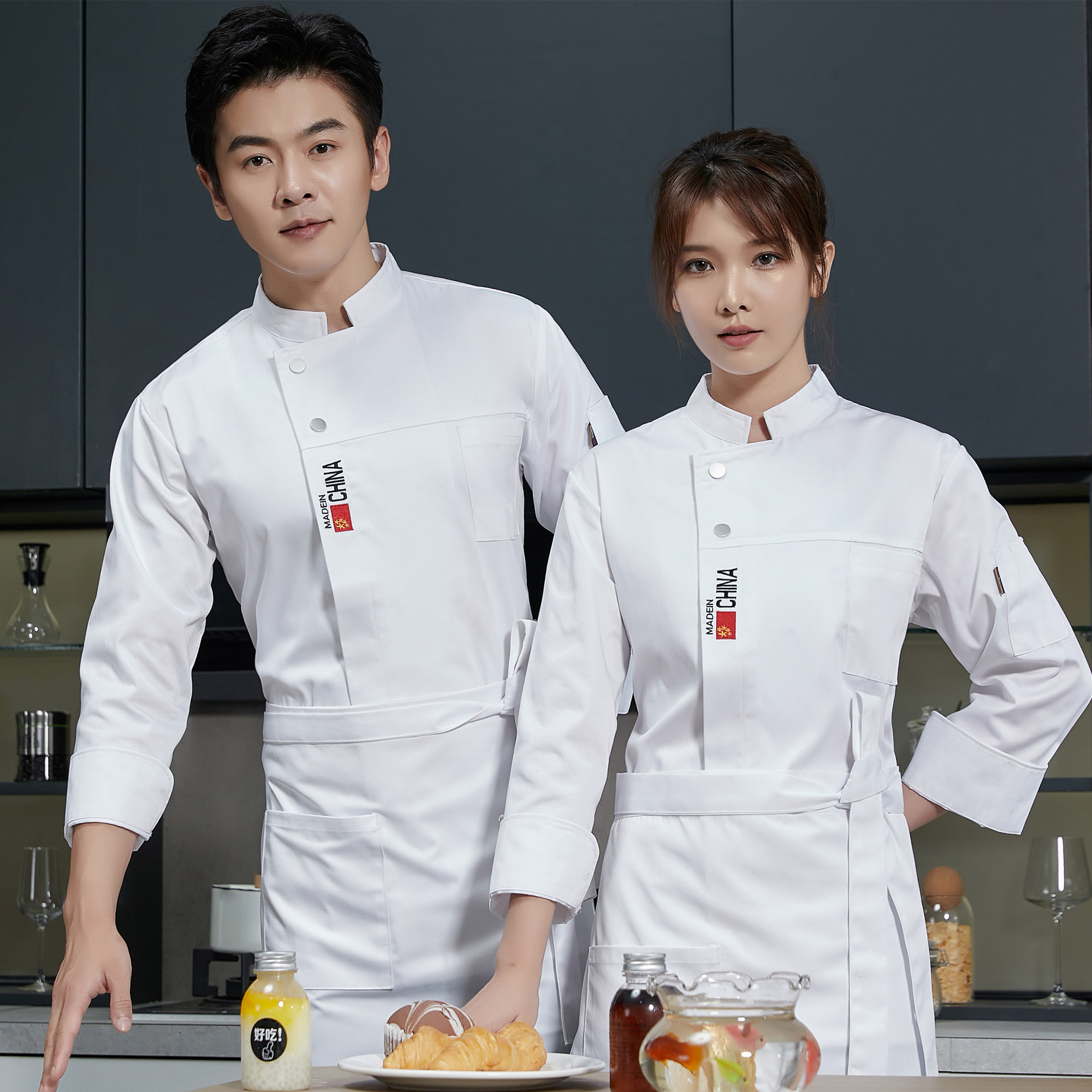 门襟国旗 长袖厨师工作服餐饮工装定制印字男女纯色涤丝防水DZS